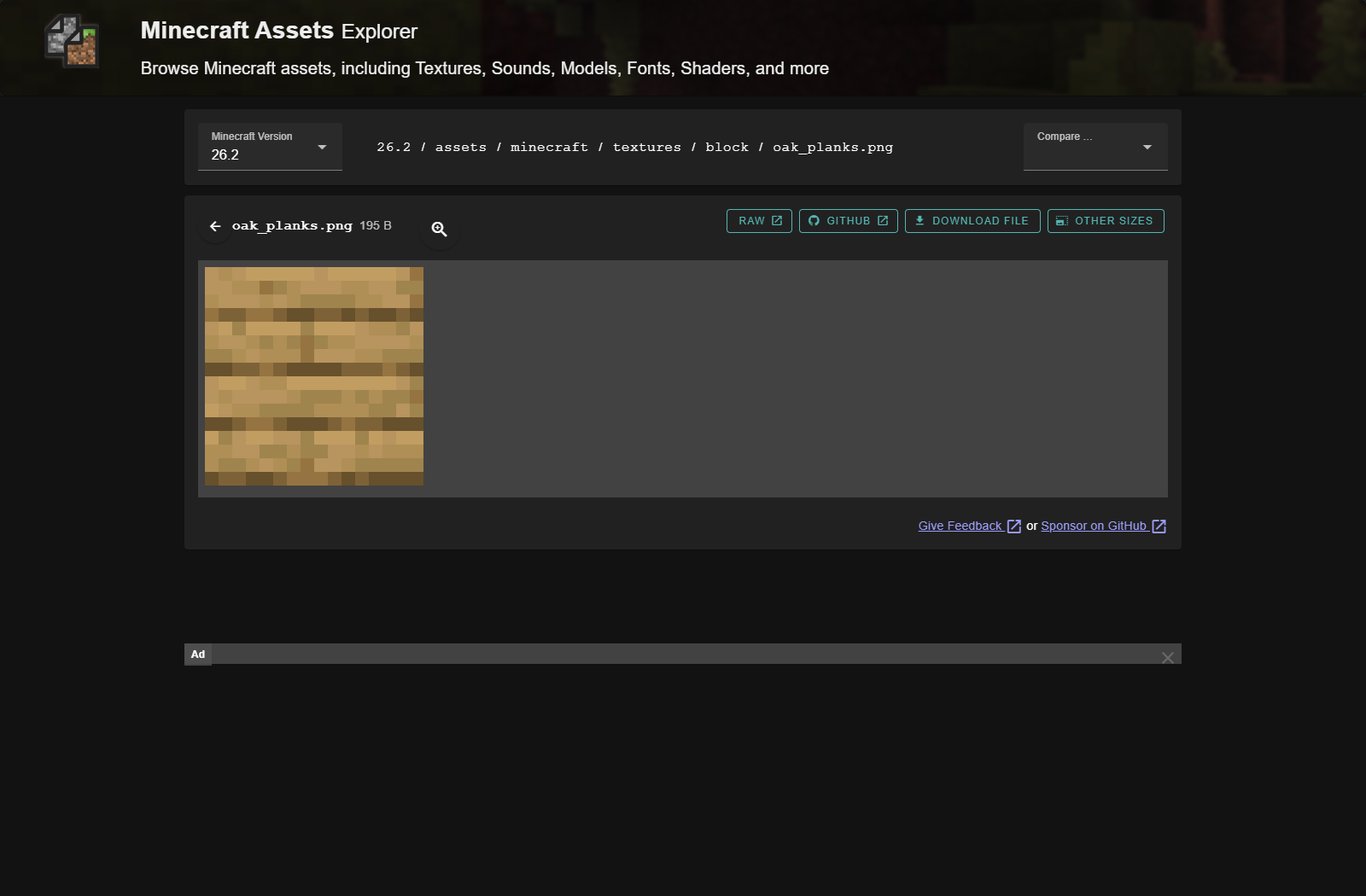 The real MC Assets page identifies Java 26.2 oak_planks.png and its location; it is a reference browser, not a pack exporter.