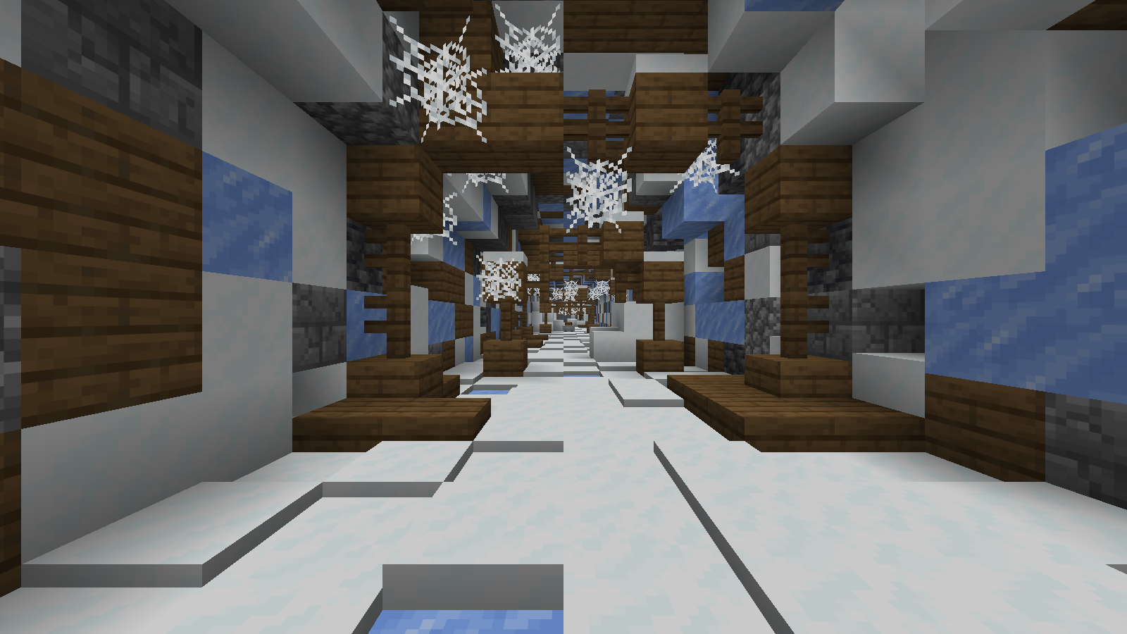 Spruce supports, ice and snow give this generated mineshaft a distinct snowy palette. Captured in Minecraft Java 26.1.2 with Better Mineshafts 6.1.1; Spectator mode and Night Vision were used for visibility.