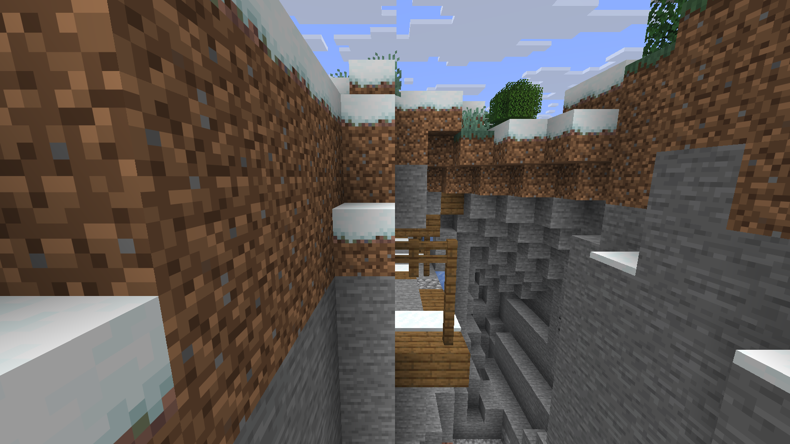 Snowy ground opens onto timber supports at this mineshaft entrance. This is one naturally generated opening in seed 20260928100, viewed in Java 26.1.2 with Night Vision for visibility.