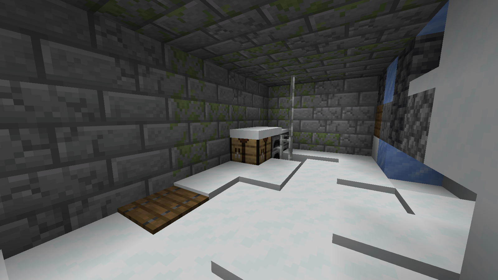 A side workstation contains a crafting table, furnaces and a floor trapdoor; the surrounding snow and masonry are part of the generated structure.