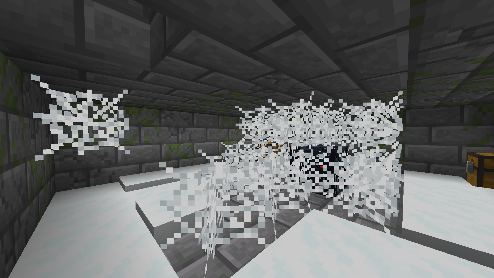 A web-filled cellar beneath a workstation contains a cave-spider spawner. This is a structure inspection in Peaceful difficulty, not a combat test.