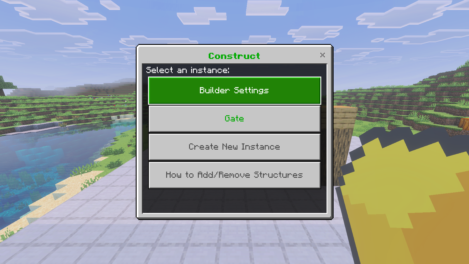The real Construct menu shows Builder Settings, Gate, Create New Instance and structure help.