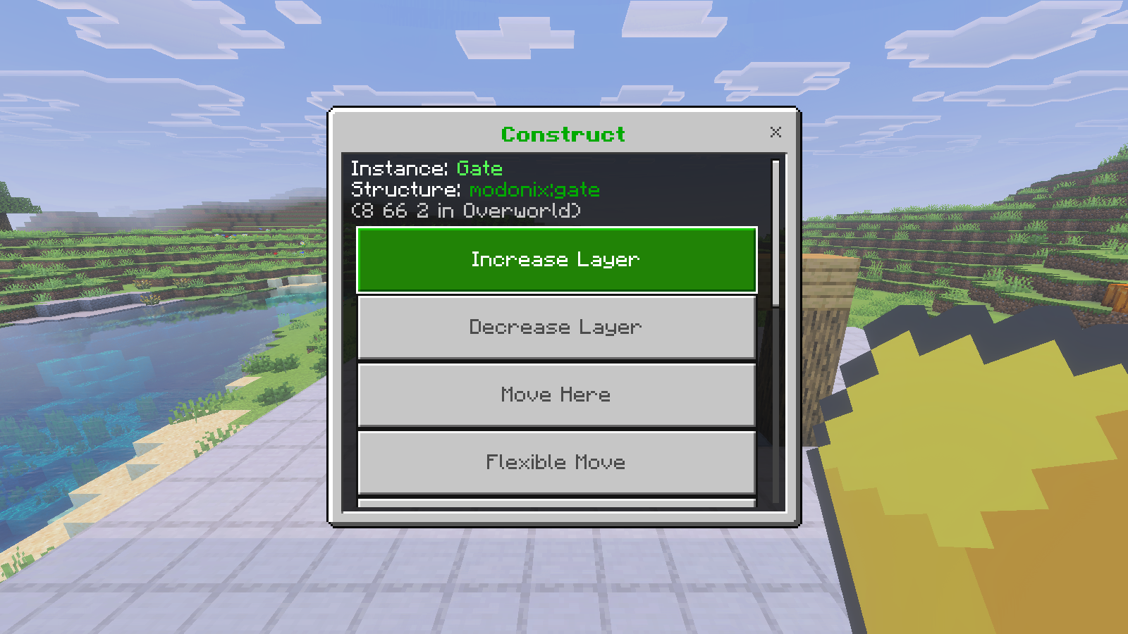 Gate instance options show its saved structure name and position above Increase Layer, Decrease Layer, Move Here and Flexible Move.