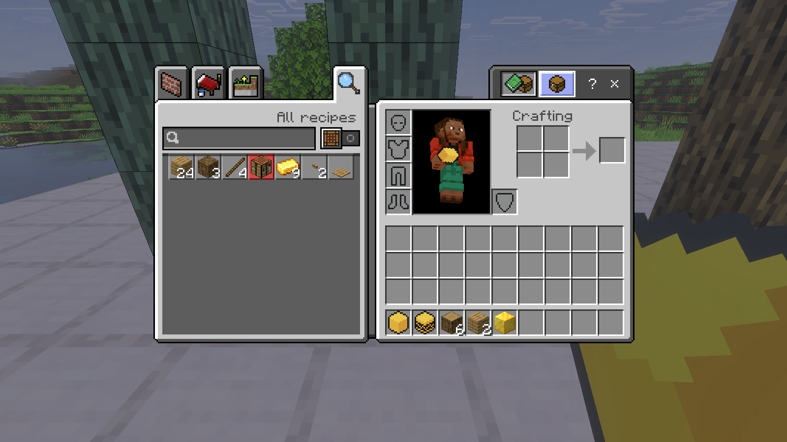 Native Survival inventory with six logs, two planks and a gold block in the hotbar, with the hologram behind it.