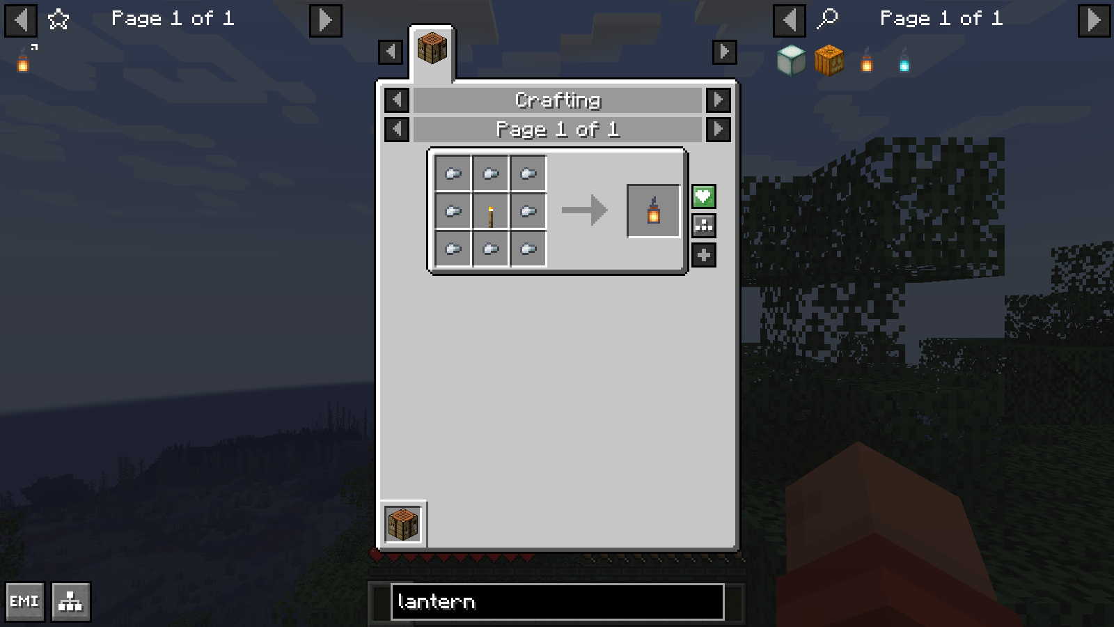 The lantern recipe uses eight iron nuggets around a torch. The saved lantern appears in the favorites column on the left.
