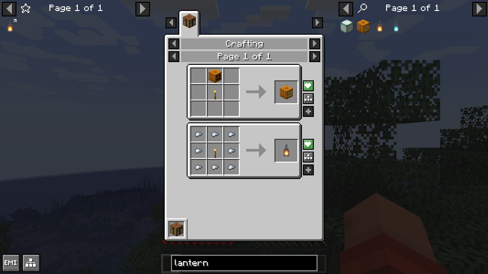 Right-clicking the torch ingredient shows its crafting uses, including Jack o'Lantern and Lantern.