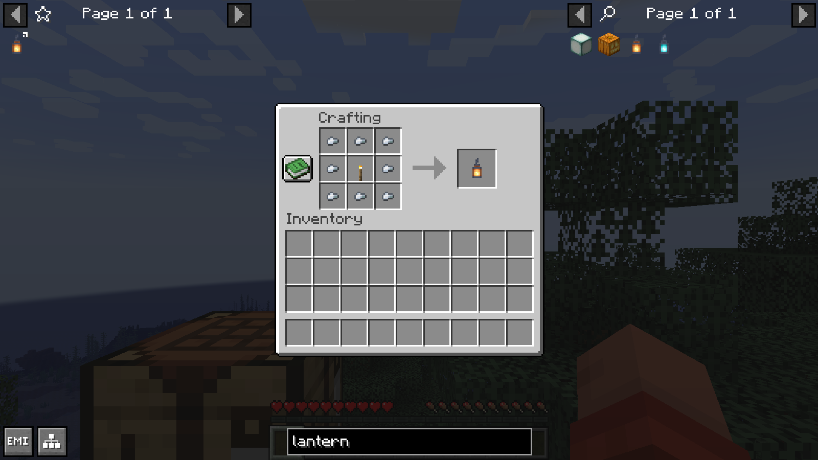 At a crafting table, clicking the saved lantern fills the 3×3 grid using available ingredients from the player inventory.