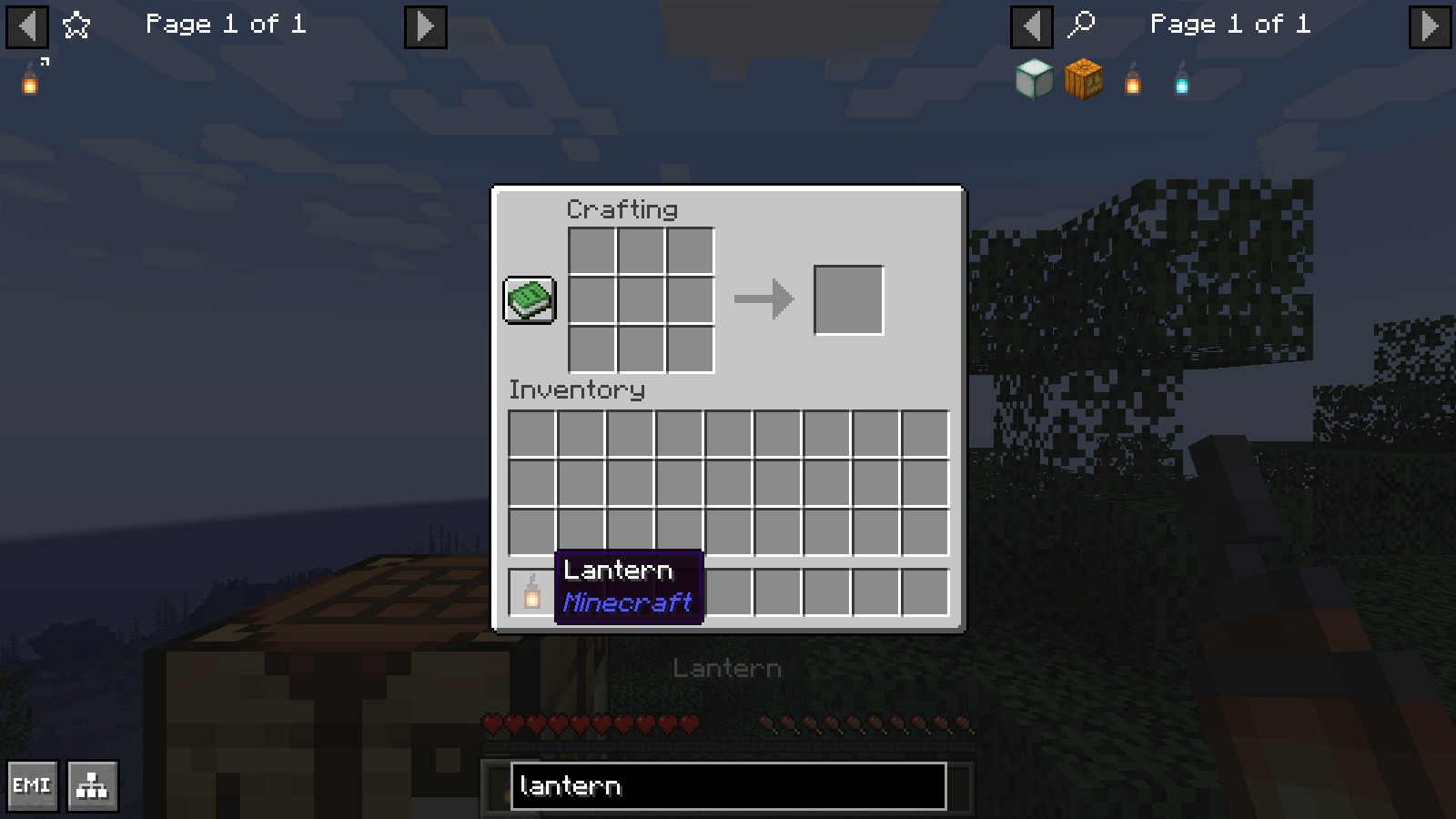 Taking the result consumes eight iron nuggets and one torch, leaving one crafted lantern in the hotbar.