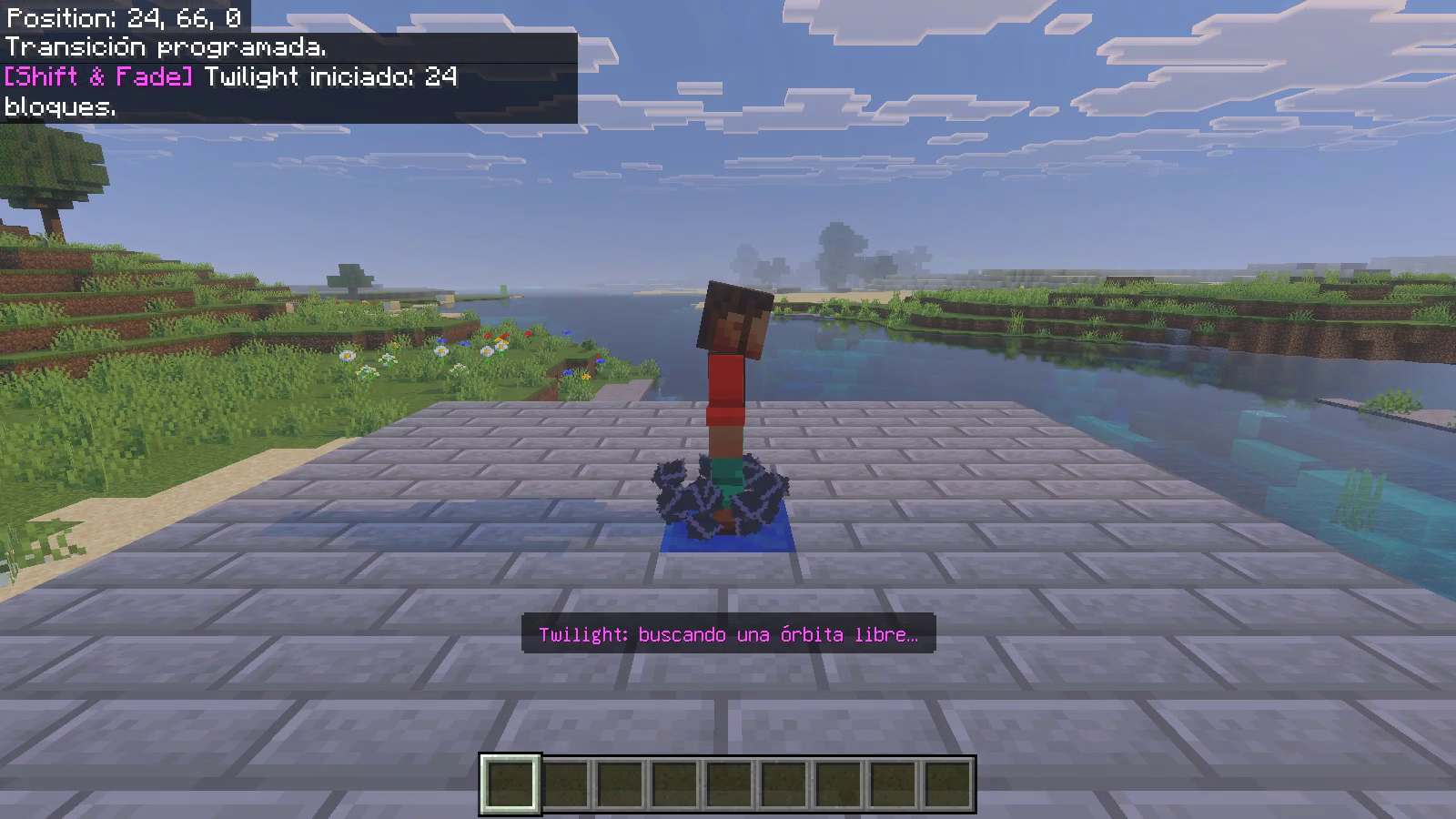 A native orbit-camera view of the character on the blue block with dark particles at their feet.