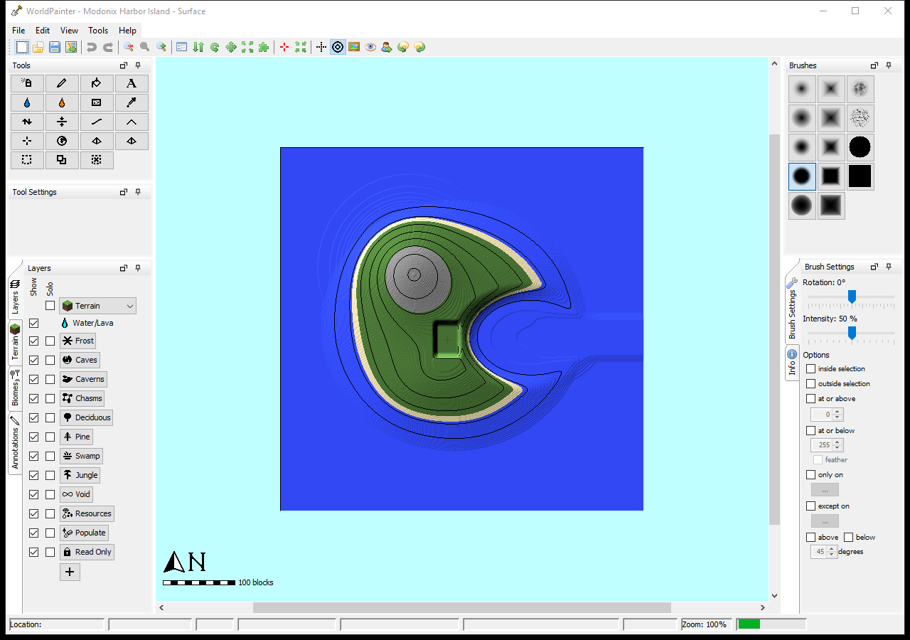 Actual WorldPainter editor showing the crescent harbor island, sandy shore, rocky summit and rectangular landing.