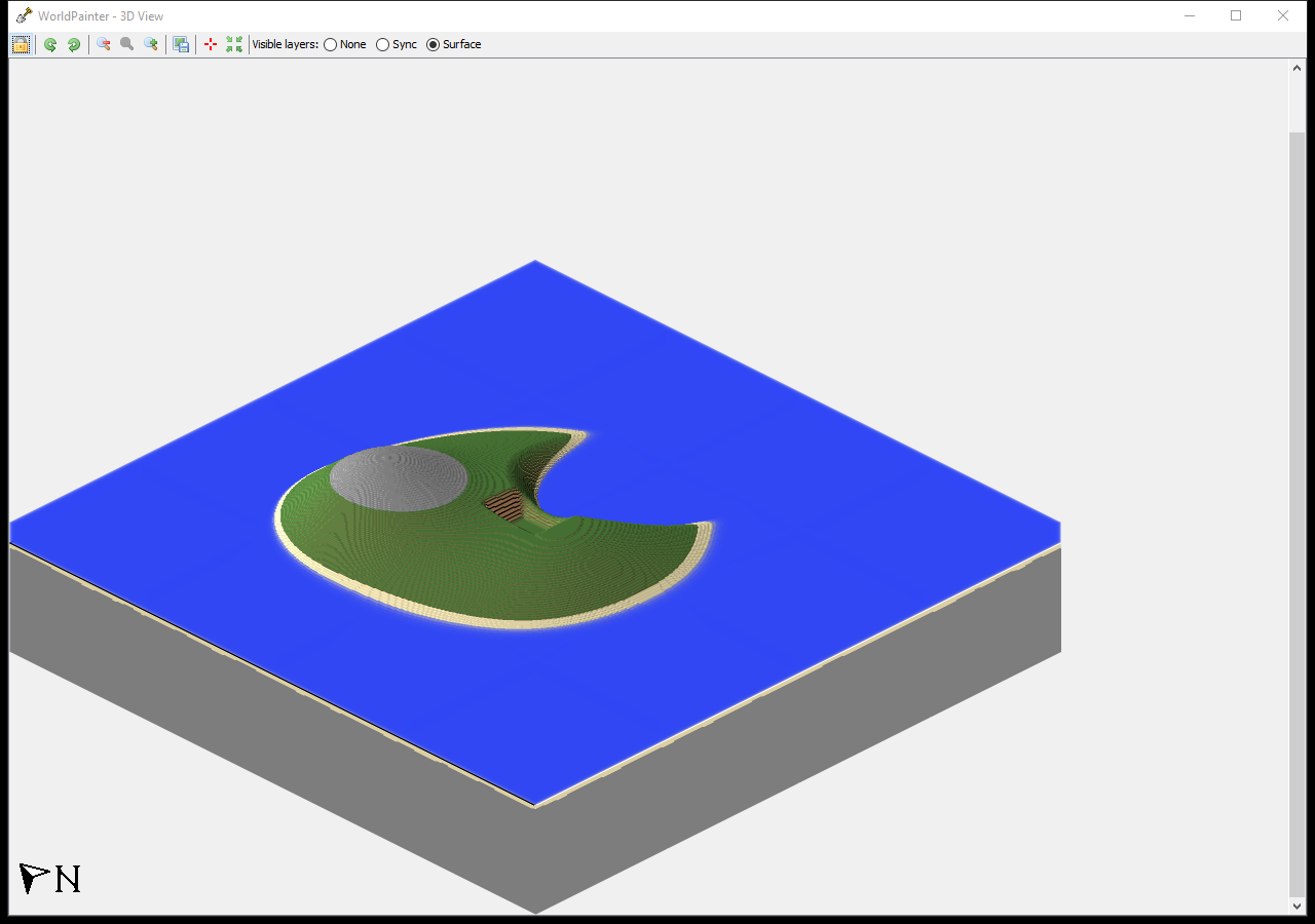 Genuine WorldPainter 3D View of the island, gray rocky summit, sandy coastline and bay cut into the eastern shore.