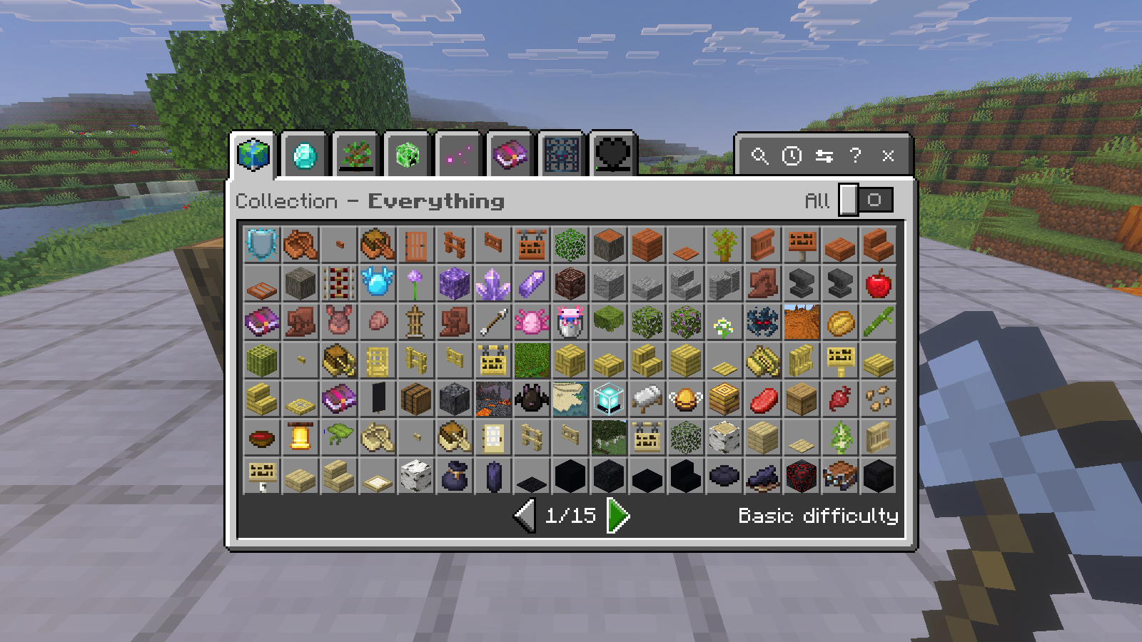 Native Collect Everything browser over a grassy Bedrock landscape, showing item icons and Basic difficulty.