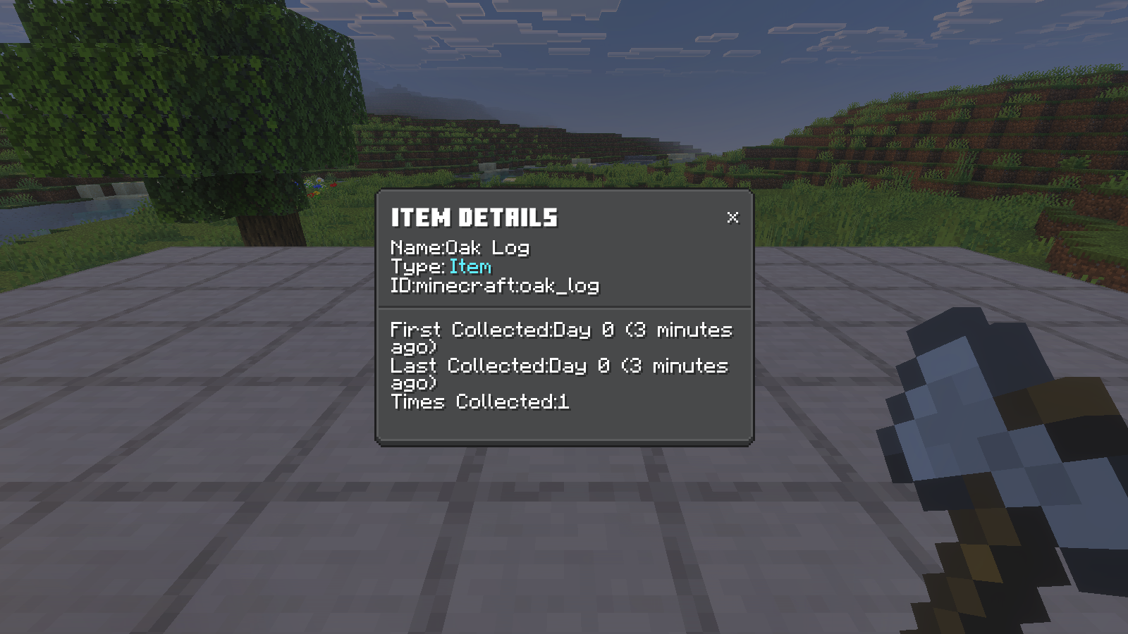 Native item details for minecraft:oak_log with collected-time fields and Times Collected1.