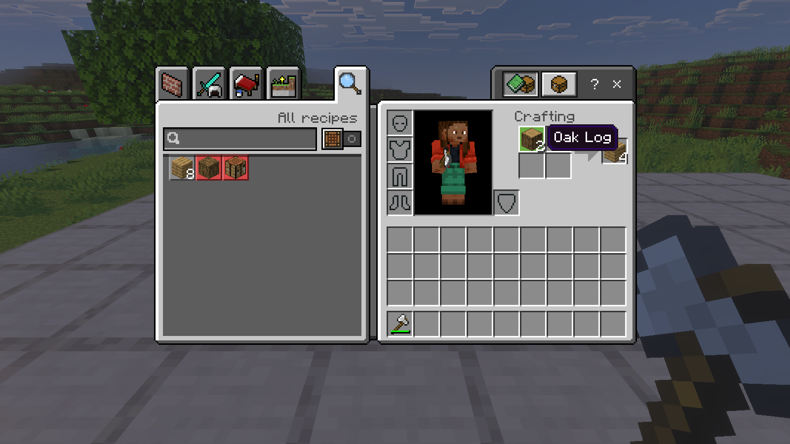 Two oak logs in one crafting-grid cell with a four-plank output preview.