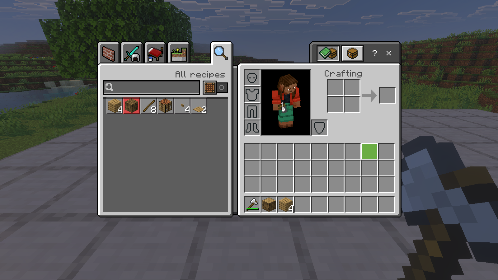 Native inventory hotbar with an iron axe, one oak log and four oak planks.
