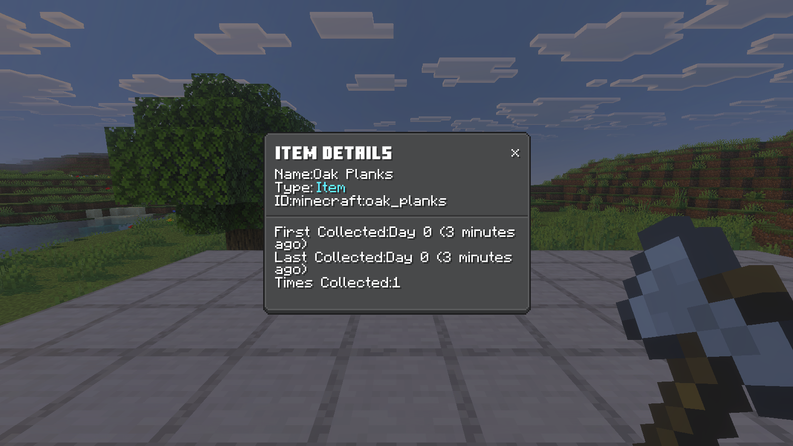 Oak Planks details after world reopen showing minecraft:oak_planks and a retained collected record.