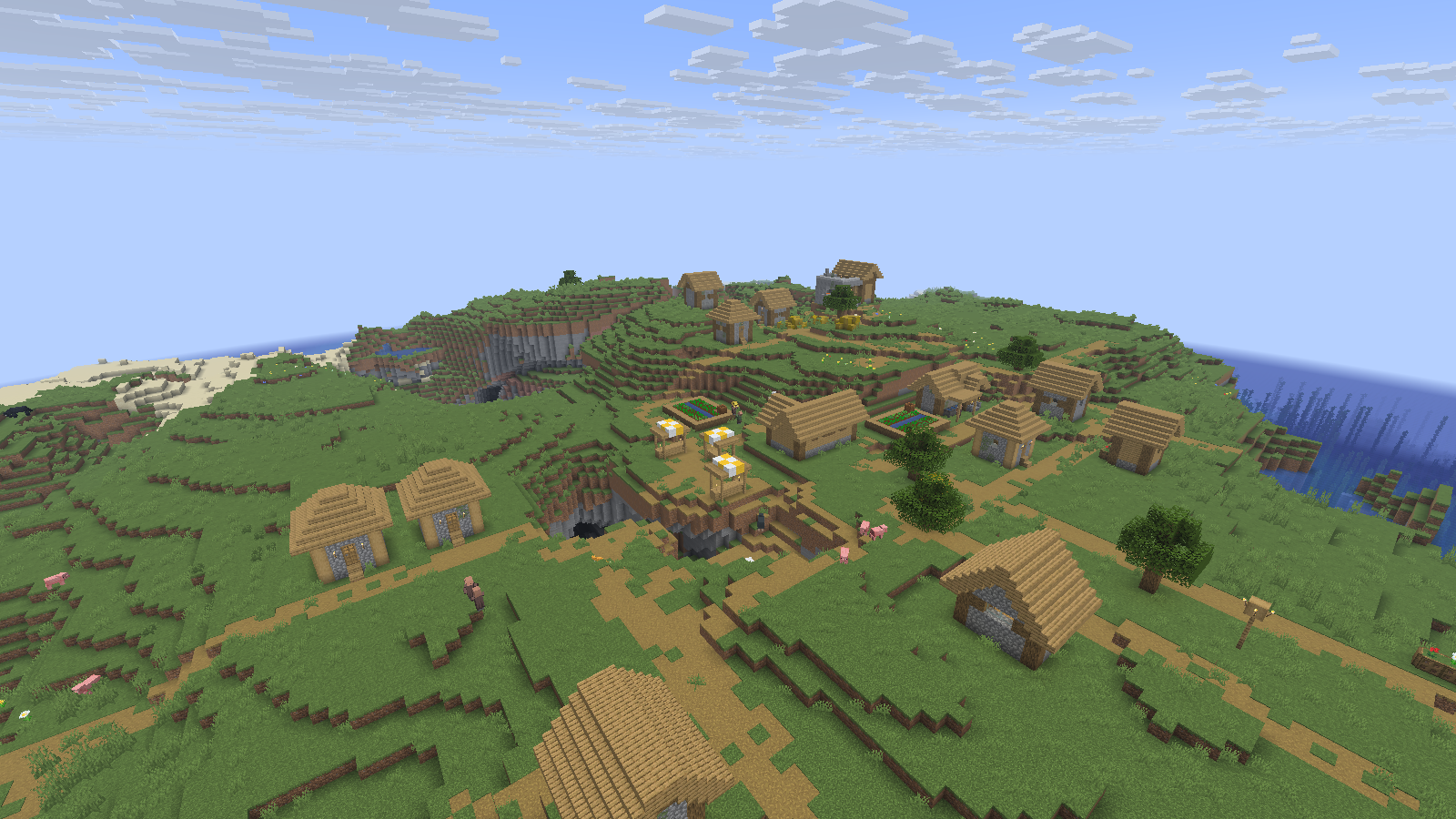 A naturally generated plains village rendered with Adrenaline 26.5.0 on Java 26.2. Overview photographed in Spectator.