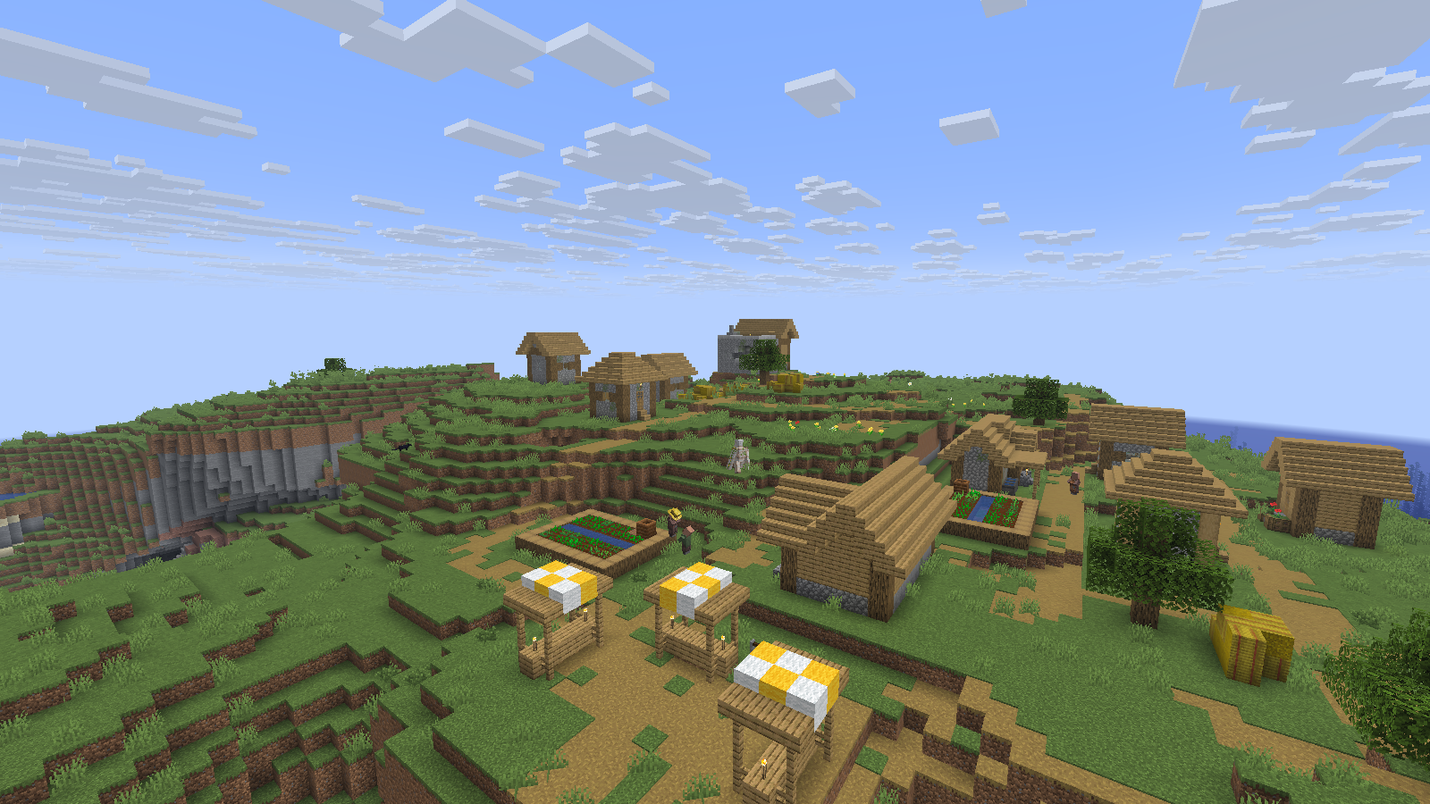 Village farms, villagers and familiar block textures in the same test world. Photographed in Spectator.