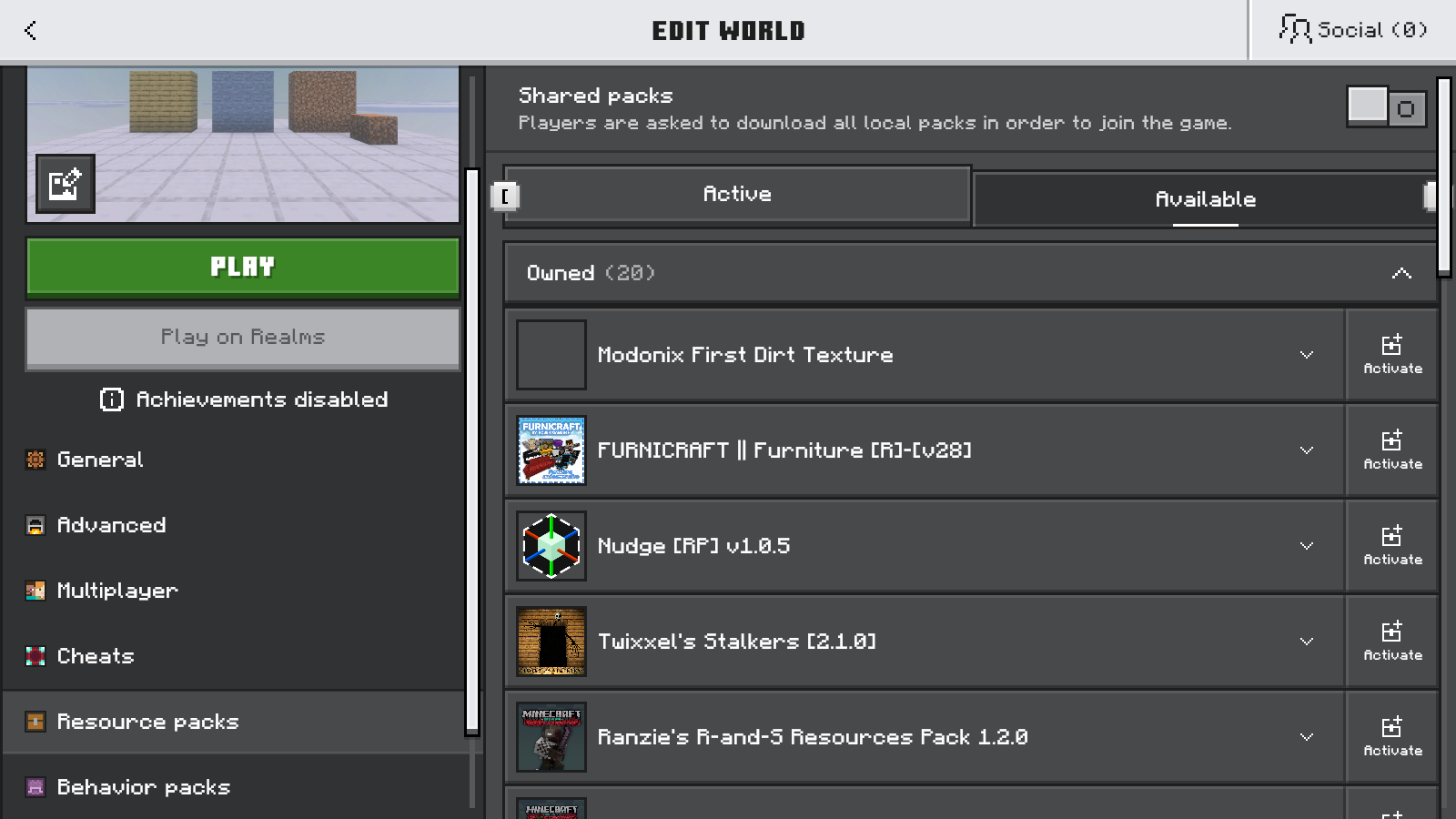Bedrock world Resource packs Available list showing Modonix First Dirt Texture and Activate.