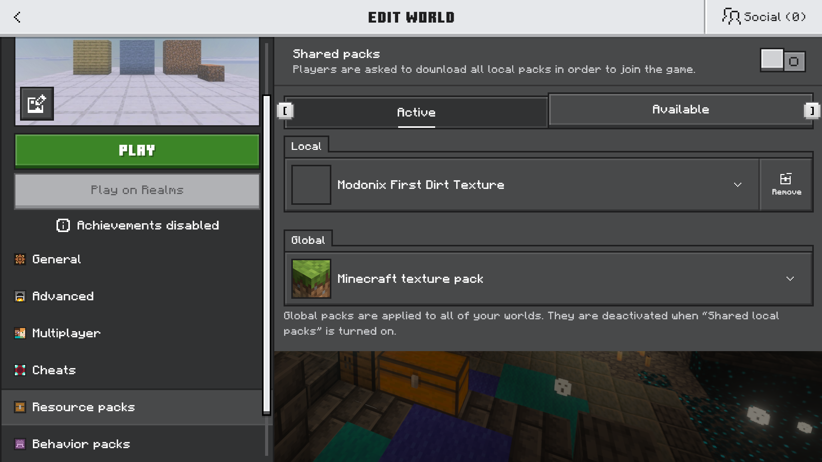 World Resource packs Active panel showing Modonix First Dirt Texture and Remove.