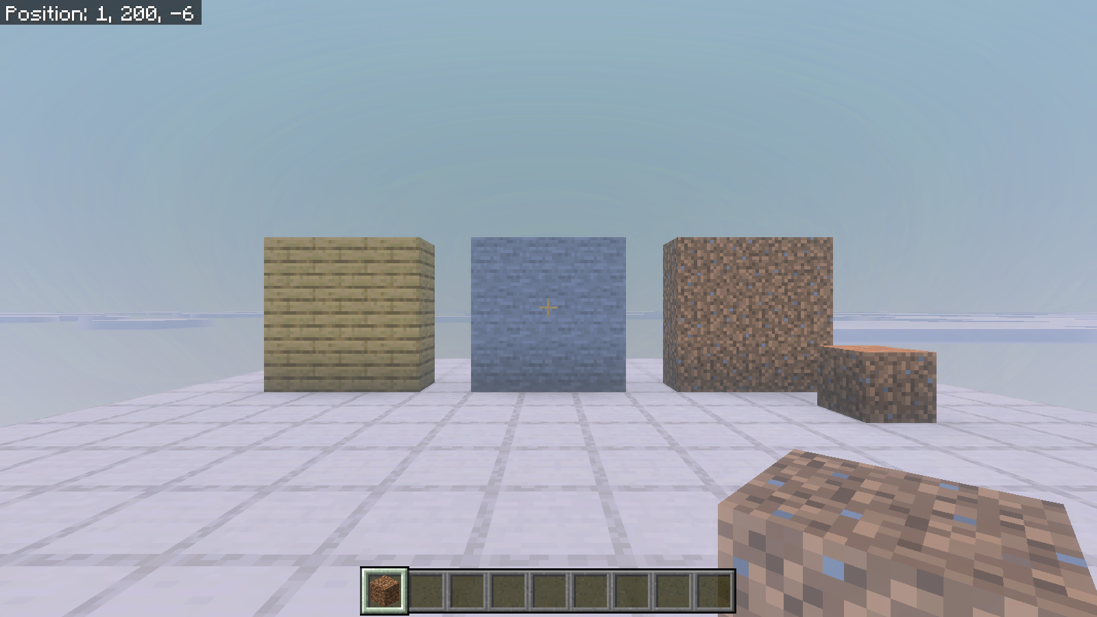 Oak planks, stone and ordinary dirt comparison panels, with a placed dirt block in front.