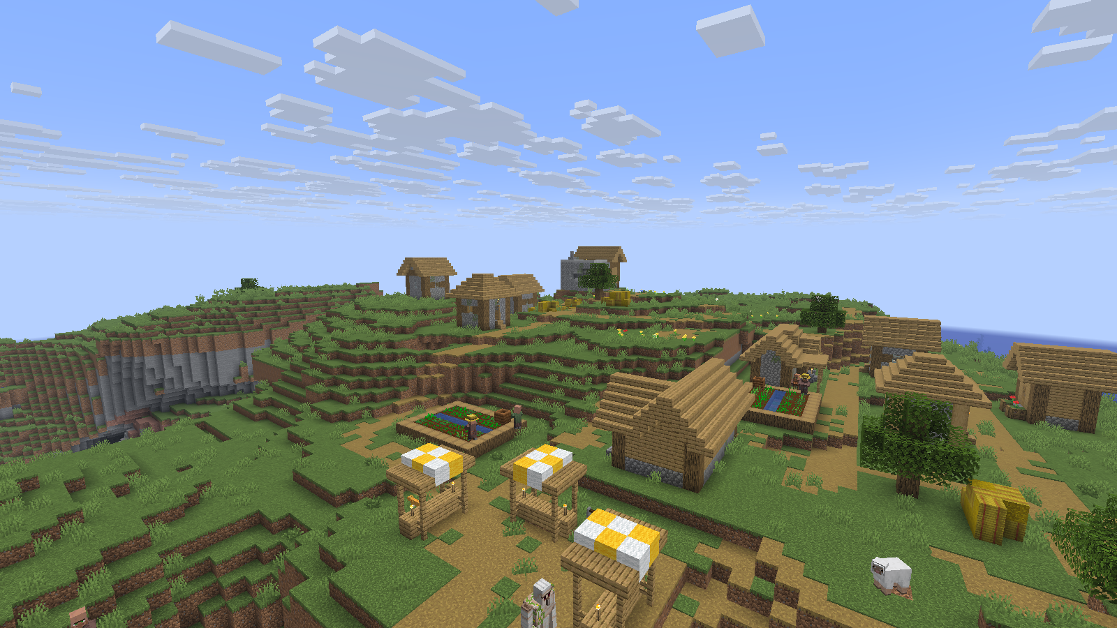 A naturally generated village in Additive 26.5.0, rendered without a shader pack. Photographed in Spectator.