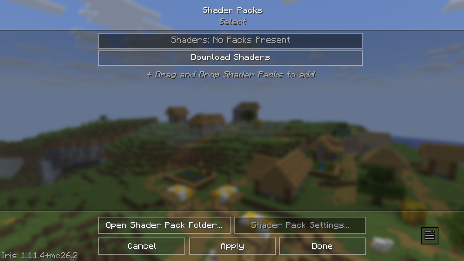 Iris is available; no shader pack has been added in this example.