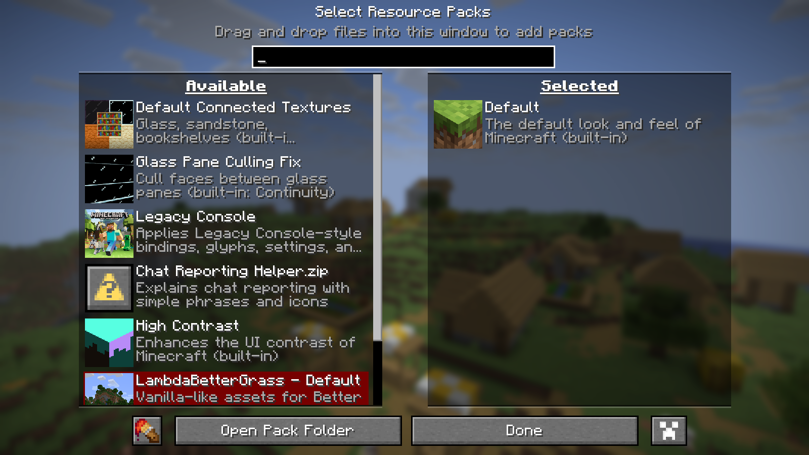 Optional Continuity packs are available; the Default resource pack remains selected.