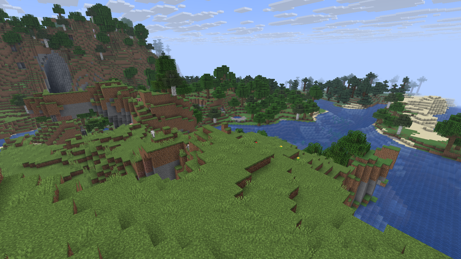 A naturally generated river valley in Hammer, with vanilla textures and no shader pack. Photographed in Spectator.