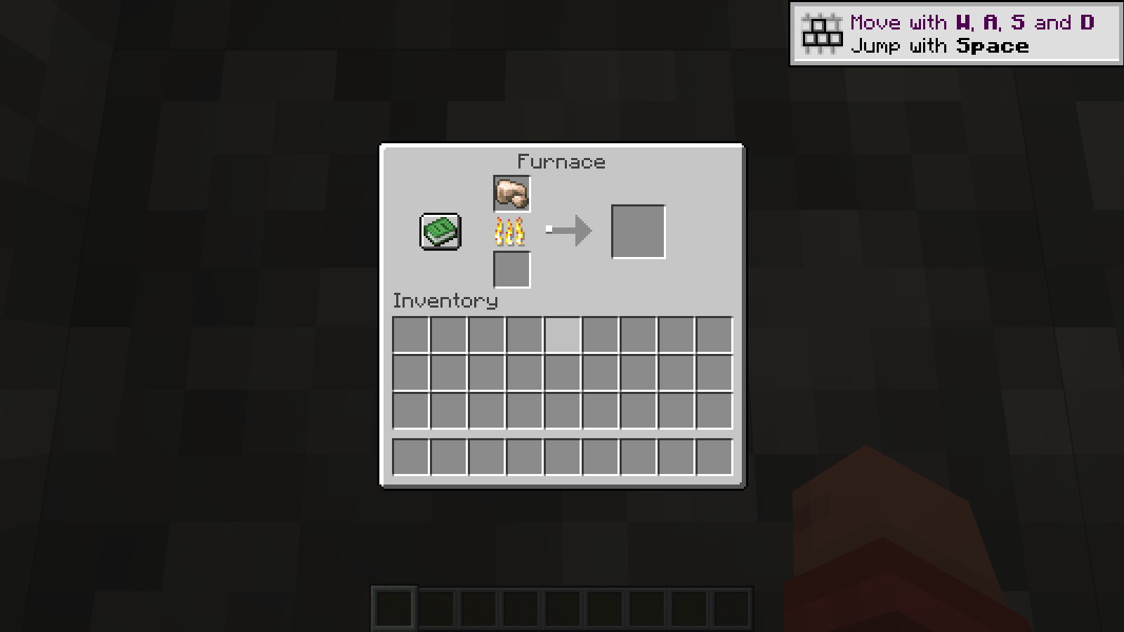 One staged raw iron begins smelting in a naturally generated village furnace. Creative demonstration.