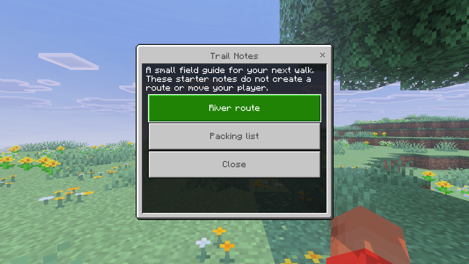 Actual Bedrock Trail Notes menu with three large buttons over a meadow.