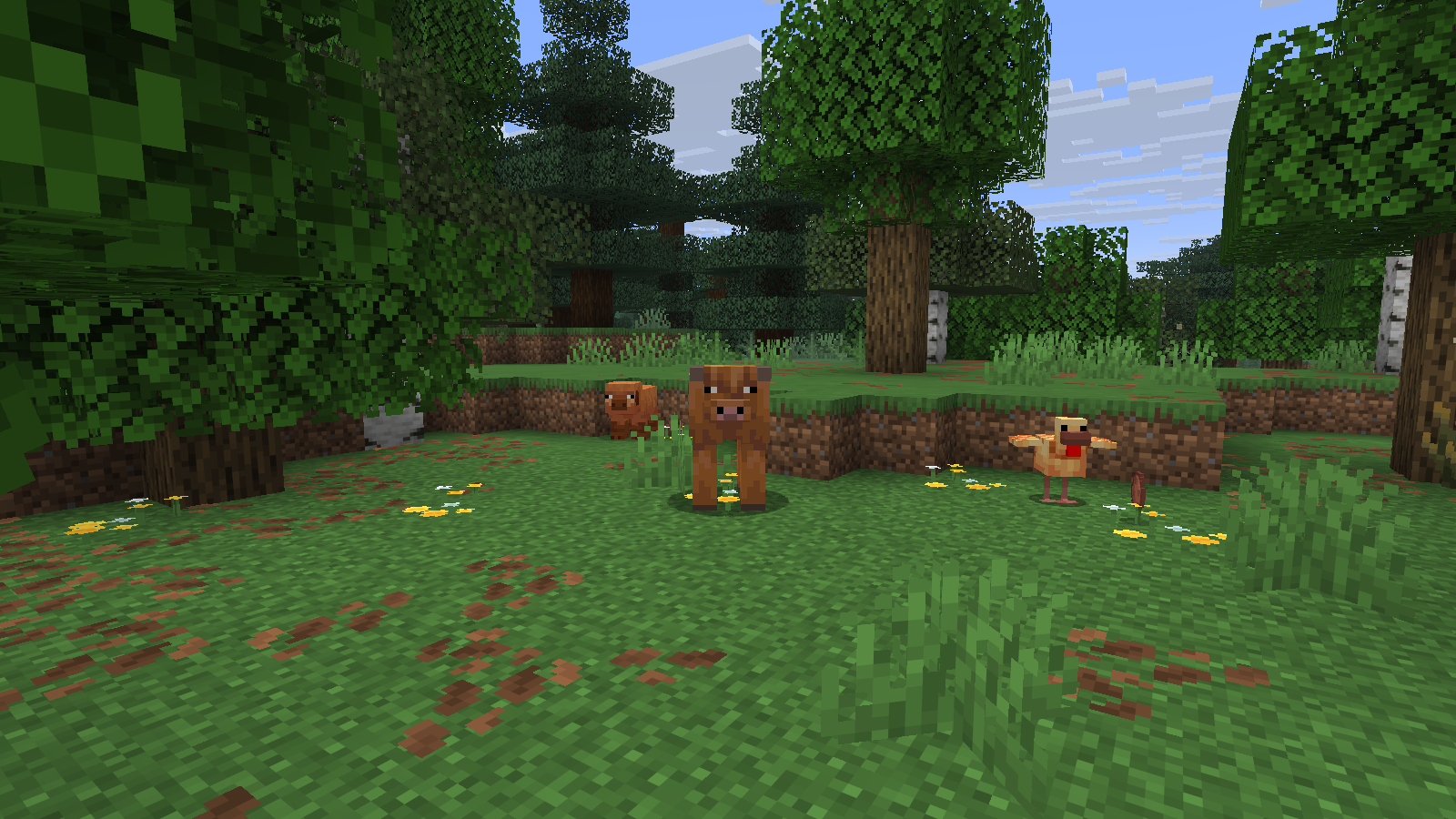 Three staged farm-animal variants in a leafy forest clearing.