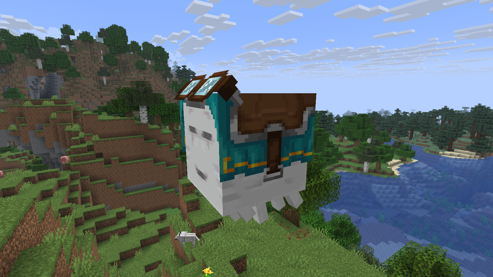 An equipped happy ghast above a wooded river valley.