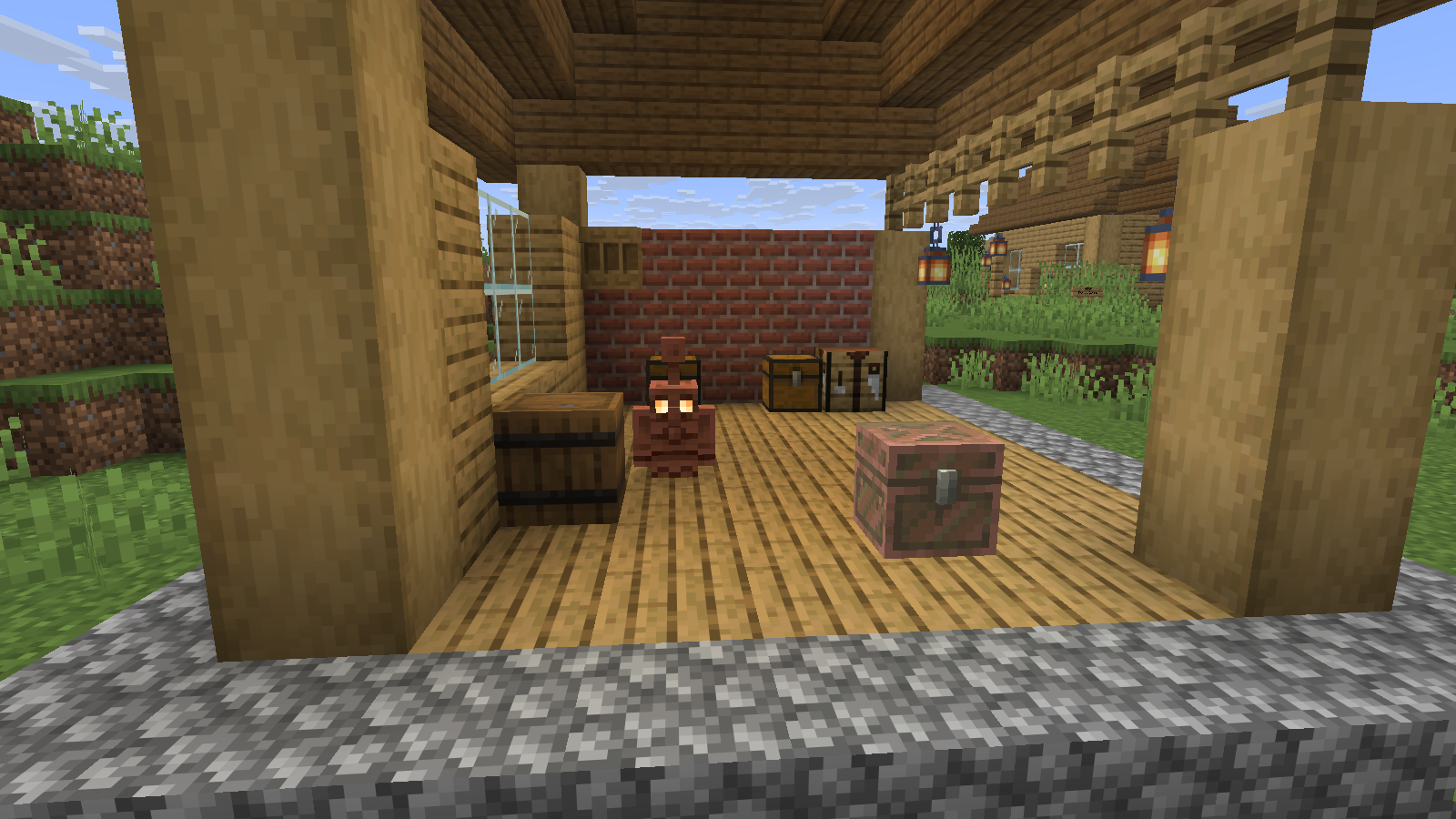 Copper golem and copper chest inside a compact timber workshop.