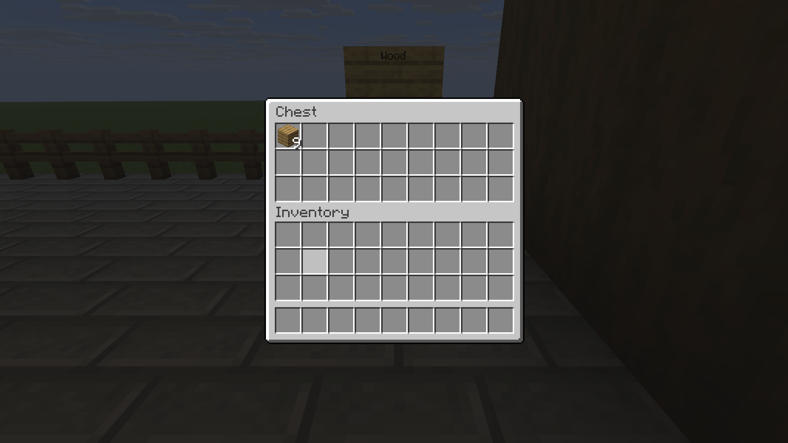 The wood chest holds nine oak planks: one starting item plus eight moved by the golem. Contemporary Java 26.2 illustration.