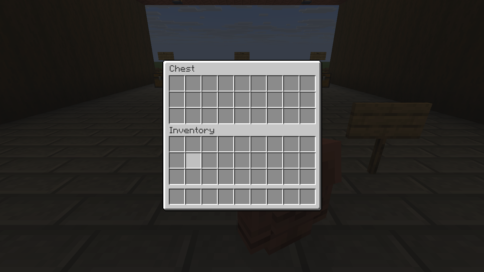 The copper input chest is empty after the golem moved its 24 supplied items. Contemporary Java 26.2 illustration.