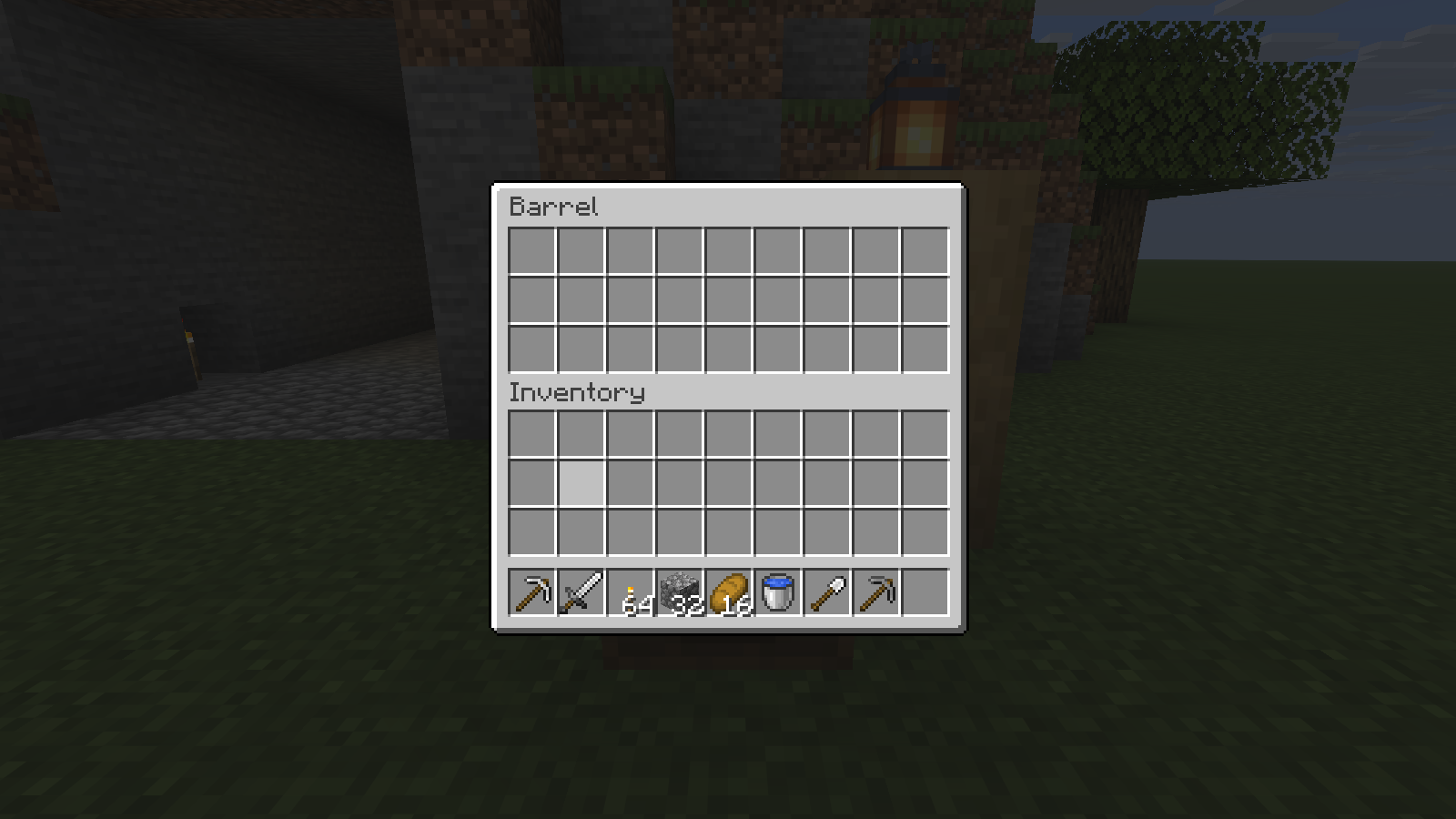 Eight practical cave supplies in the hotbar, with the ninth slot free.