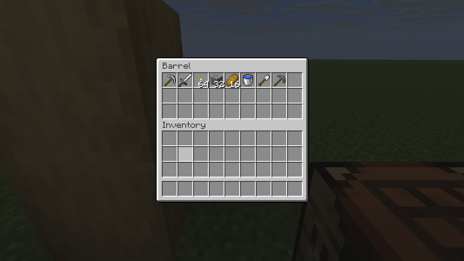 Eight prepared supply stacks in the barrel before packing. Java 26.2 inventory example.