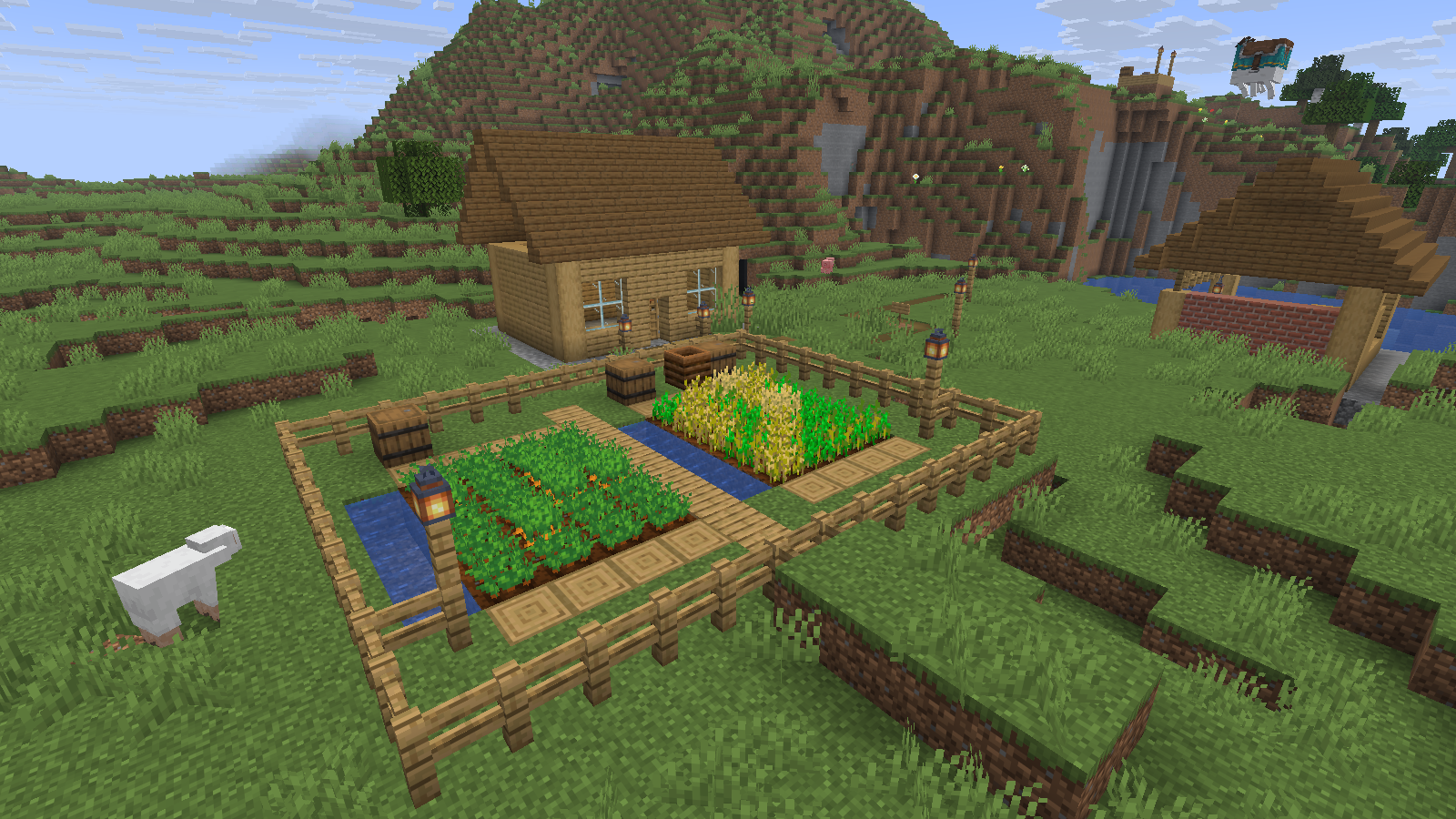 A fenced vegetable garden with two crop beds, water channels and storage.