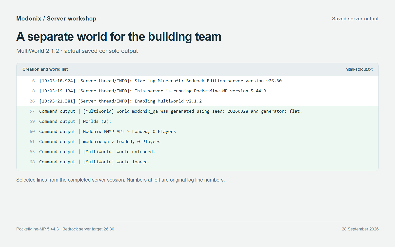Original saved MultiWorld log excerpts showing PocketMine 5.44.3, MultiWorld 2.1.2 and the named flat world.