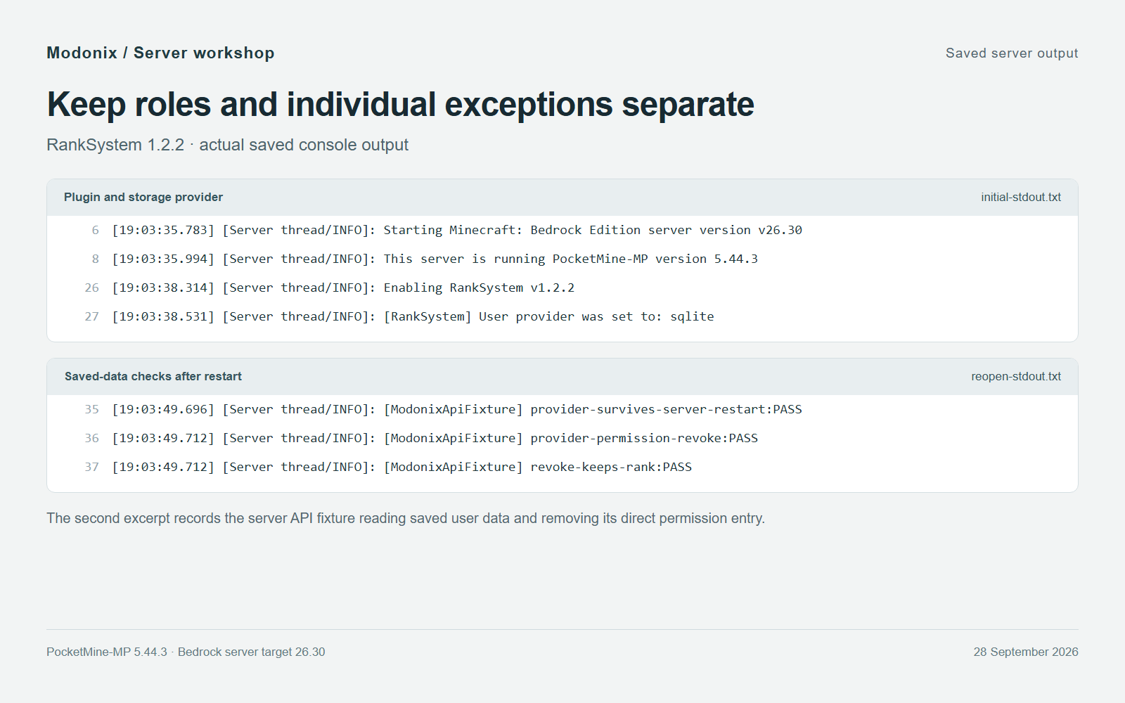 RankSystem startup and saved-data log excerpts from the actual two server sessions.