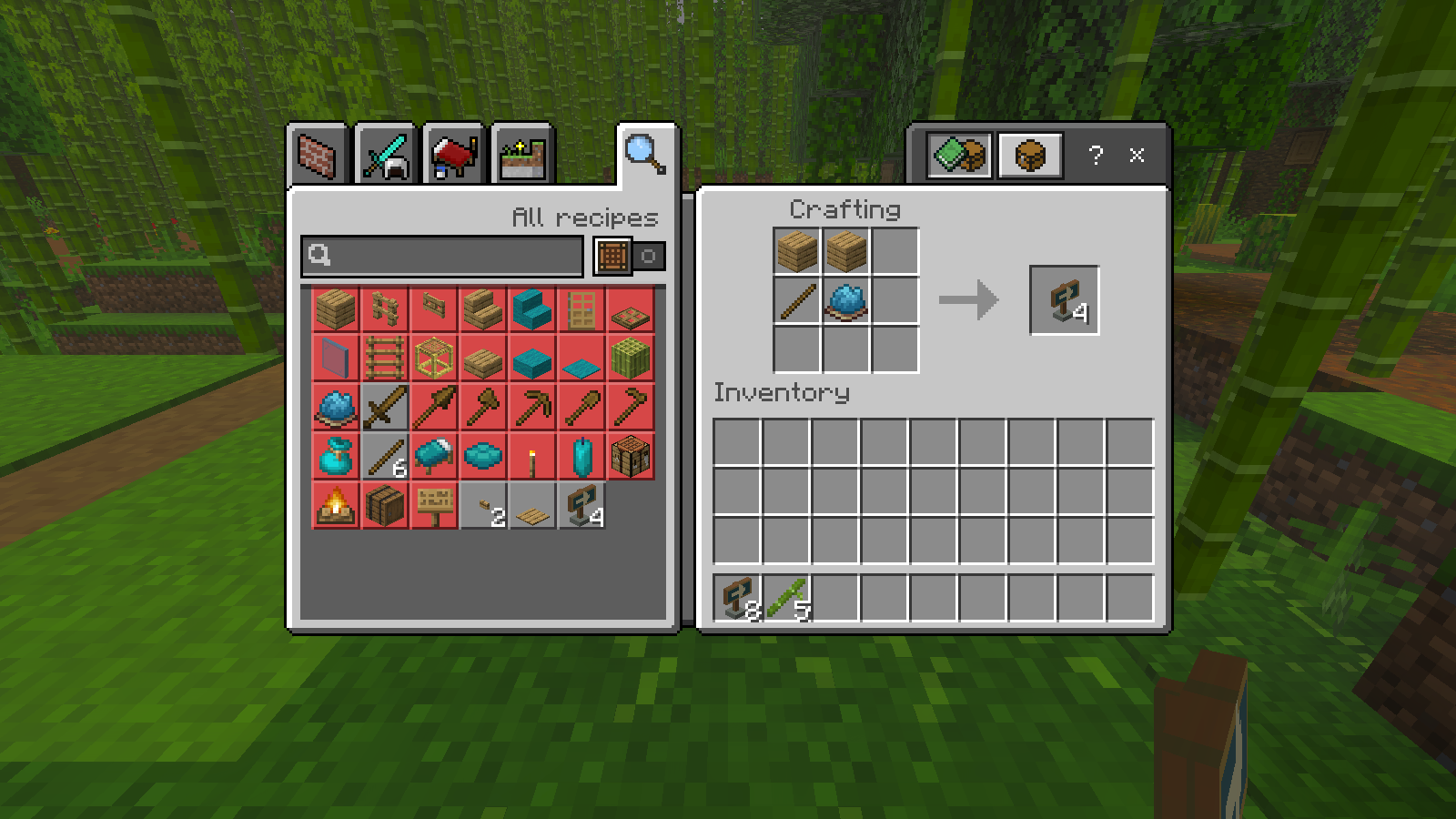 Crafting grid with two oak planks over a stick and cyan dye, and four Waymarkers in the output.