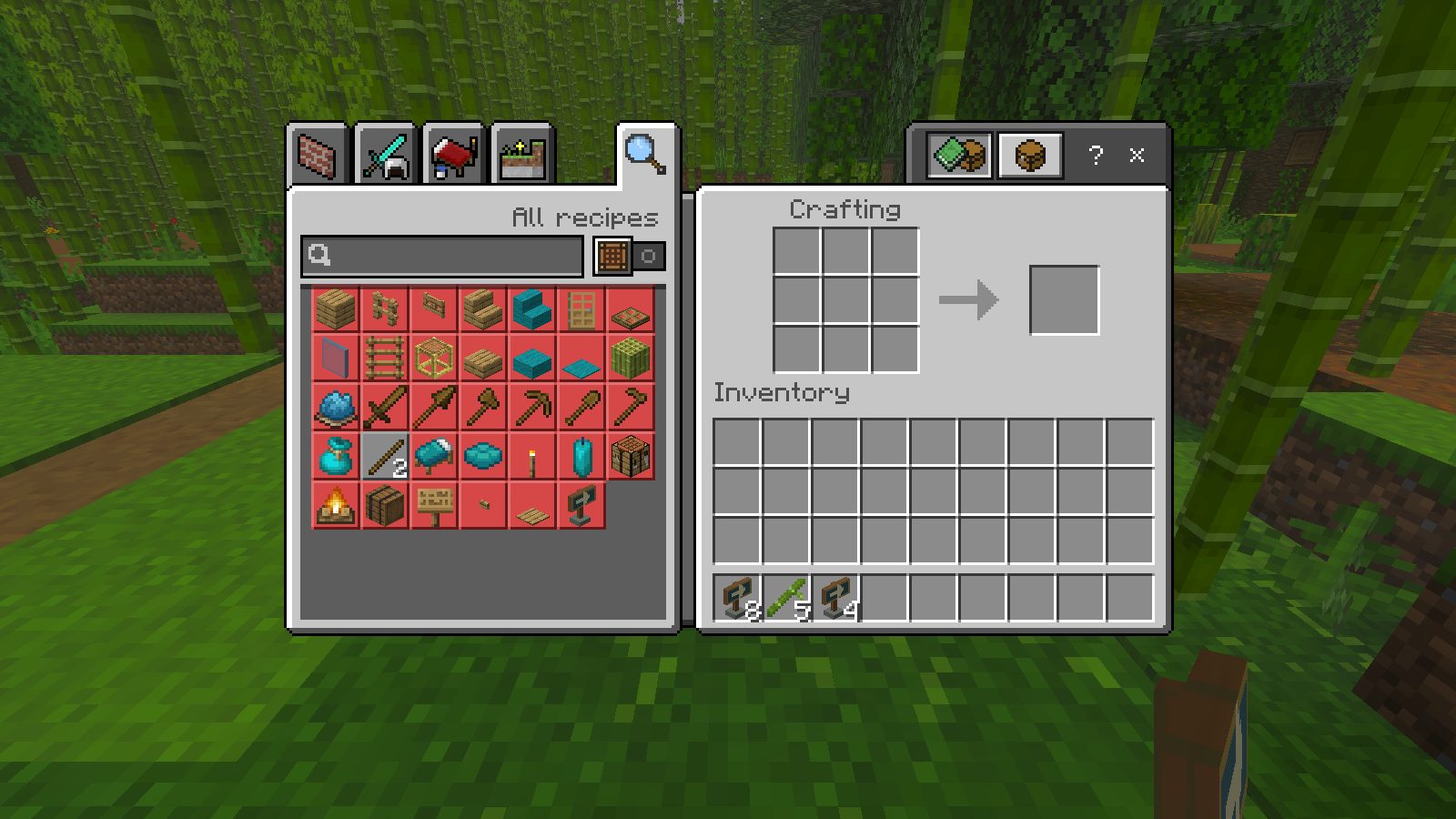 Empty crafting grid and hotbar containing eight older markers, five bamboo and four newly crafted markers.