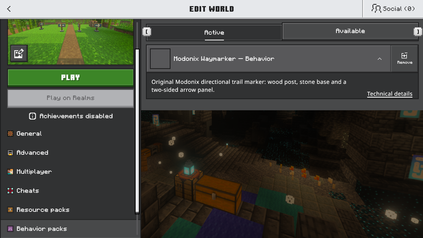 Edit World Behavior Packs screen with Modonix Waymarker — Behavior expanded under Active.