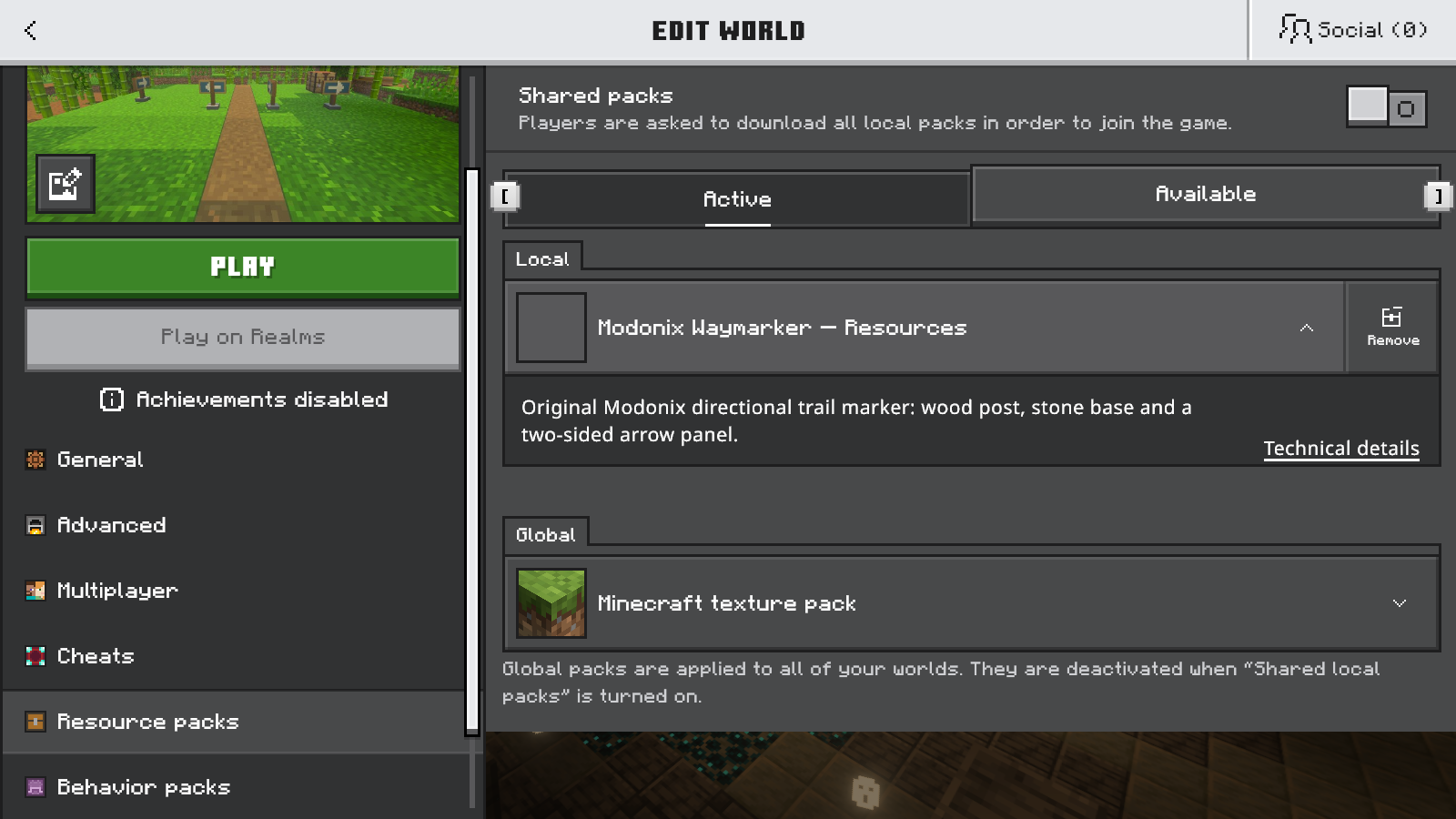Edit World Resource Packs screen showing Modonix Waymarker — Resources in the Local Active list.