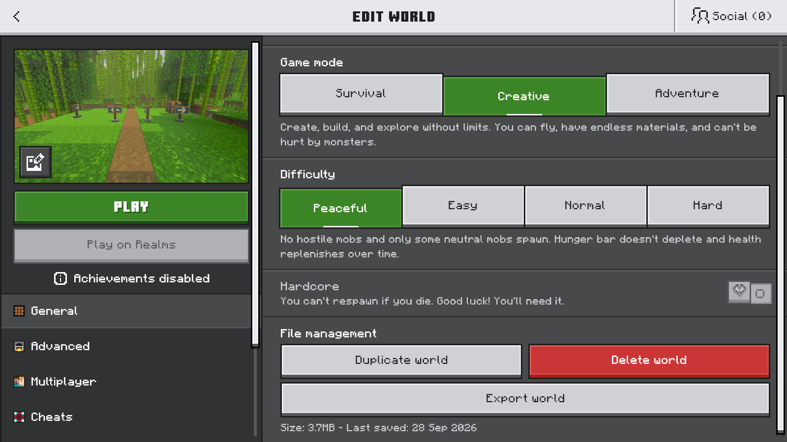 Bedrock Edit World General screen with File management and the Export world button.