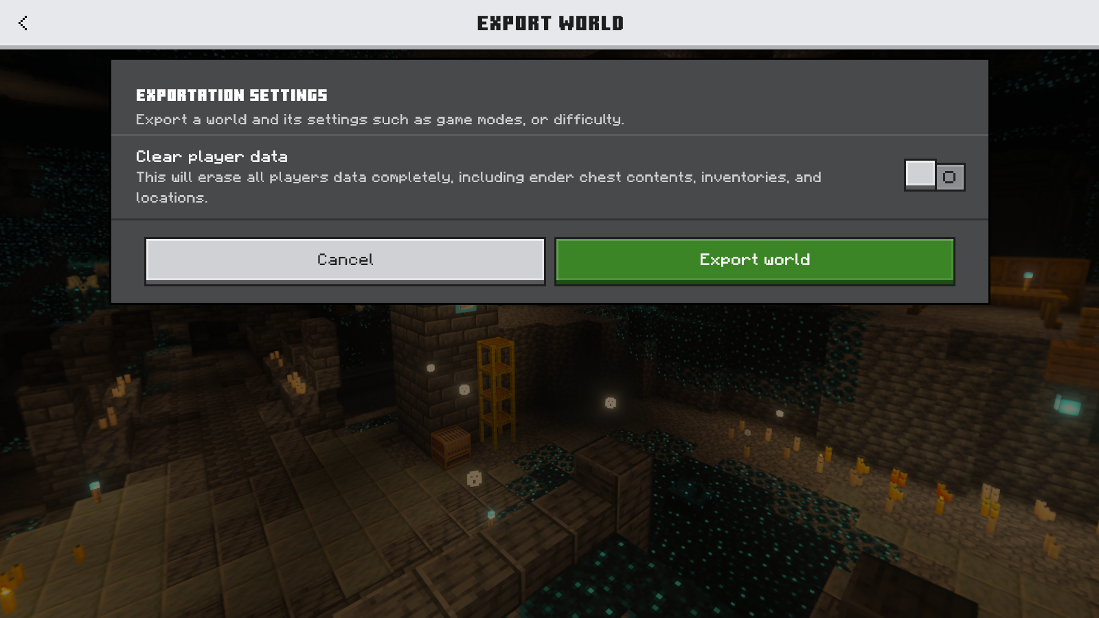 Exportation Settings dialog showing Clear player data switched off and the Export world button.