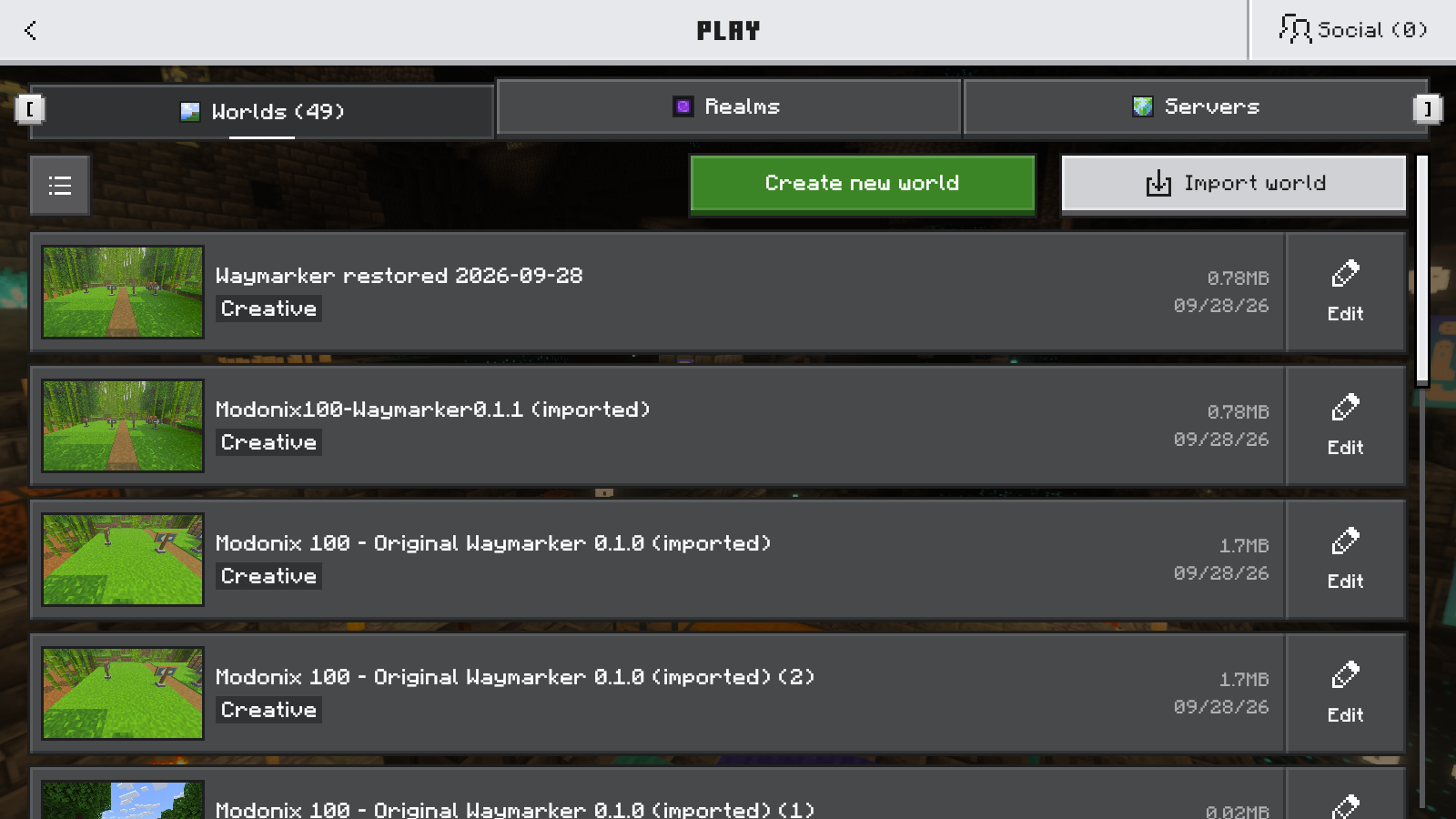 Worlds list showing Waymarker restored 2026-09-28 above Modonix100-Waymarker0.1.1 imported.