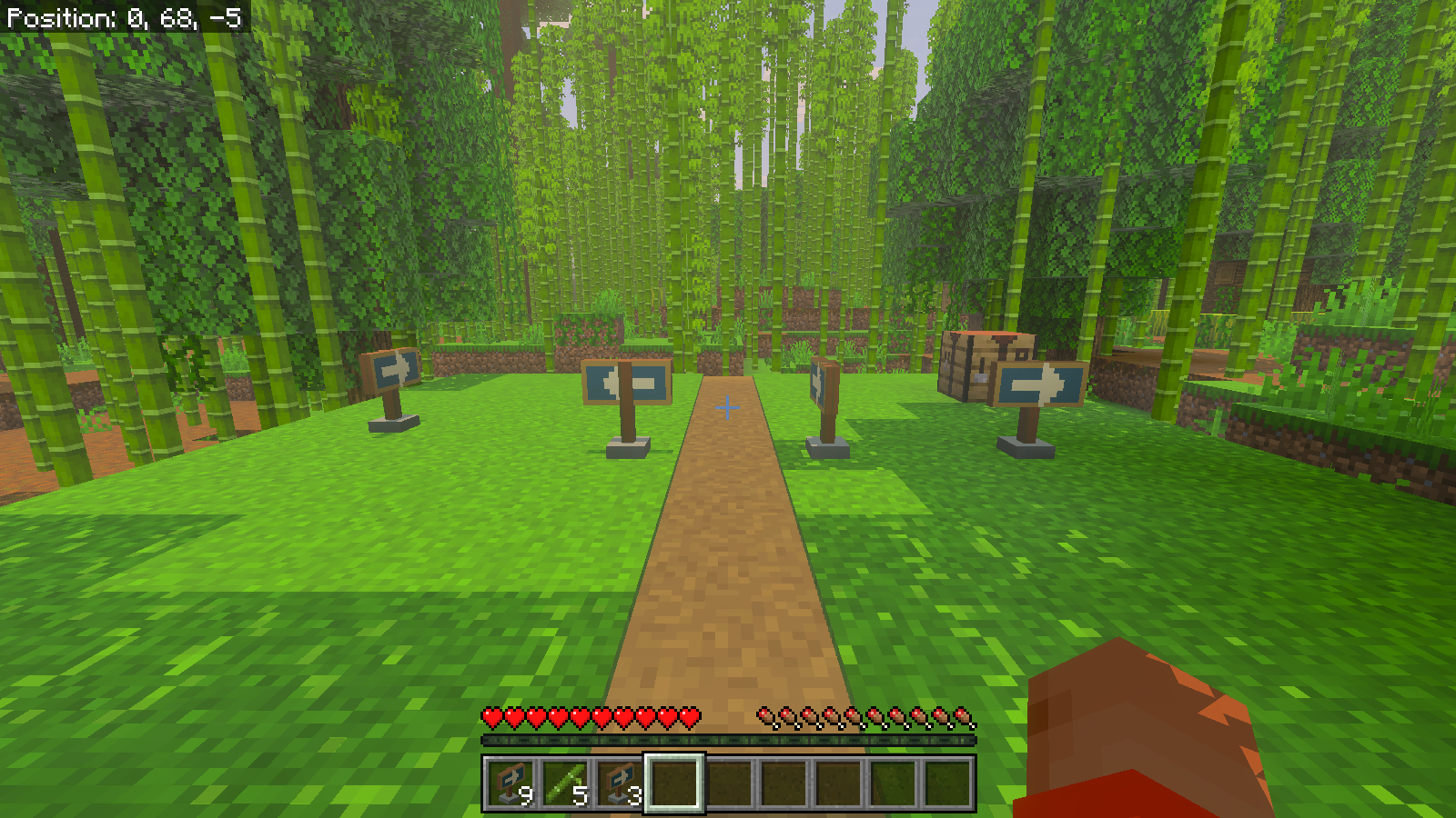 Actual restored bamboo-path world with four Waymarkers and the Survival hotbar containing nine markers, five bamboo and three markers.