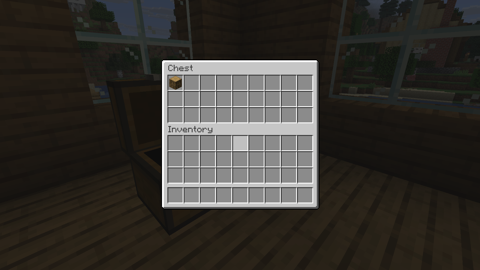 The station chest accepts a staged oak log and returns it through normal inventory interactions. The download starts with empty containers.